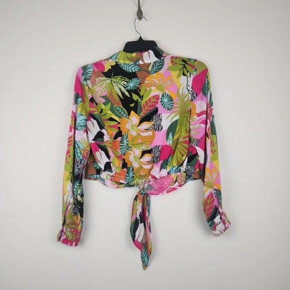 Rachel Roy Size S Colorful Floral Tropical Print Tie Hem Long Sleeve Top Blouse - Picture 6 of 10